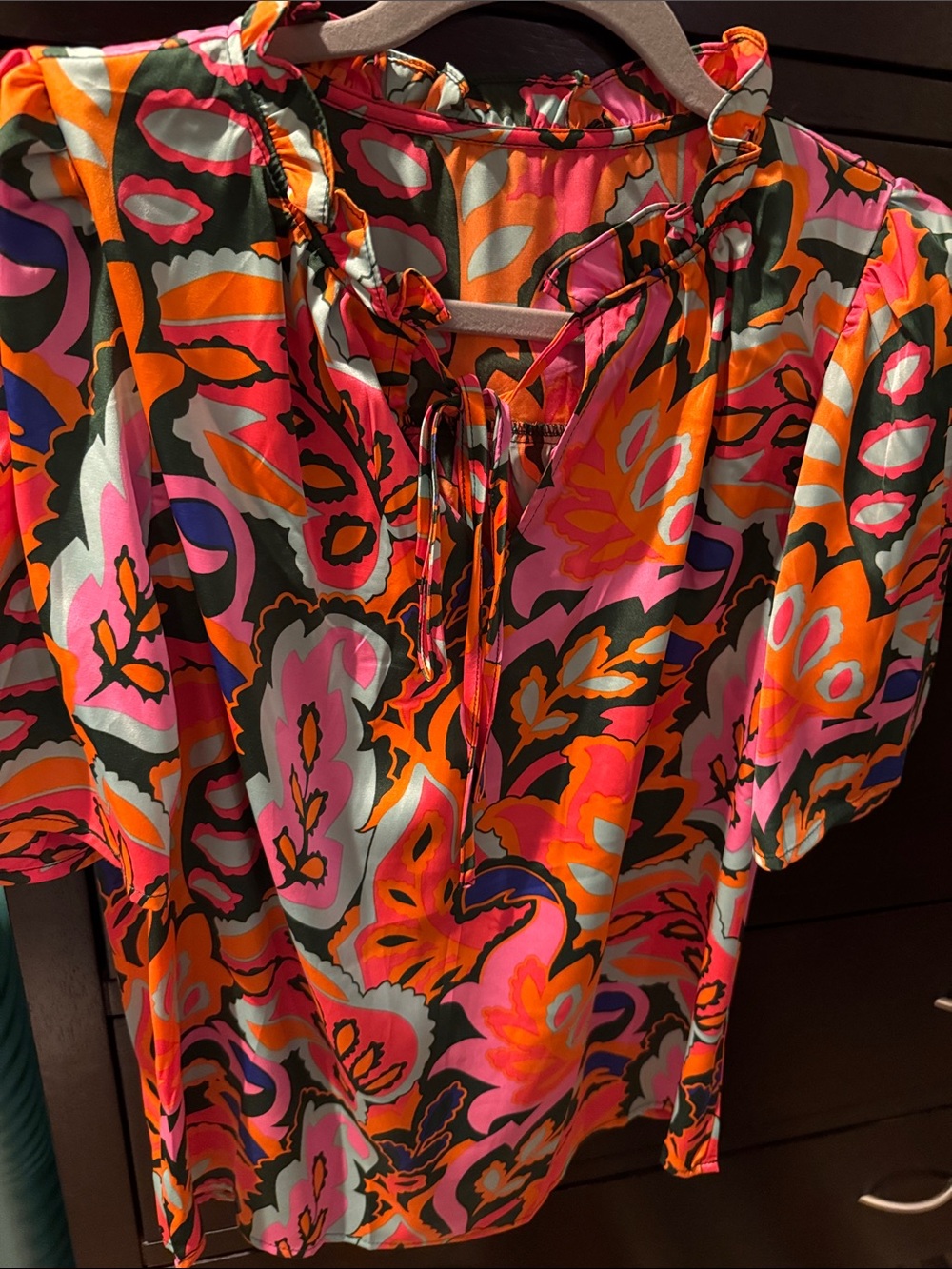 Vibrant Floral Tie-Neck Blouse - Pink & Orange